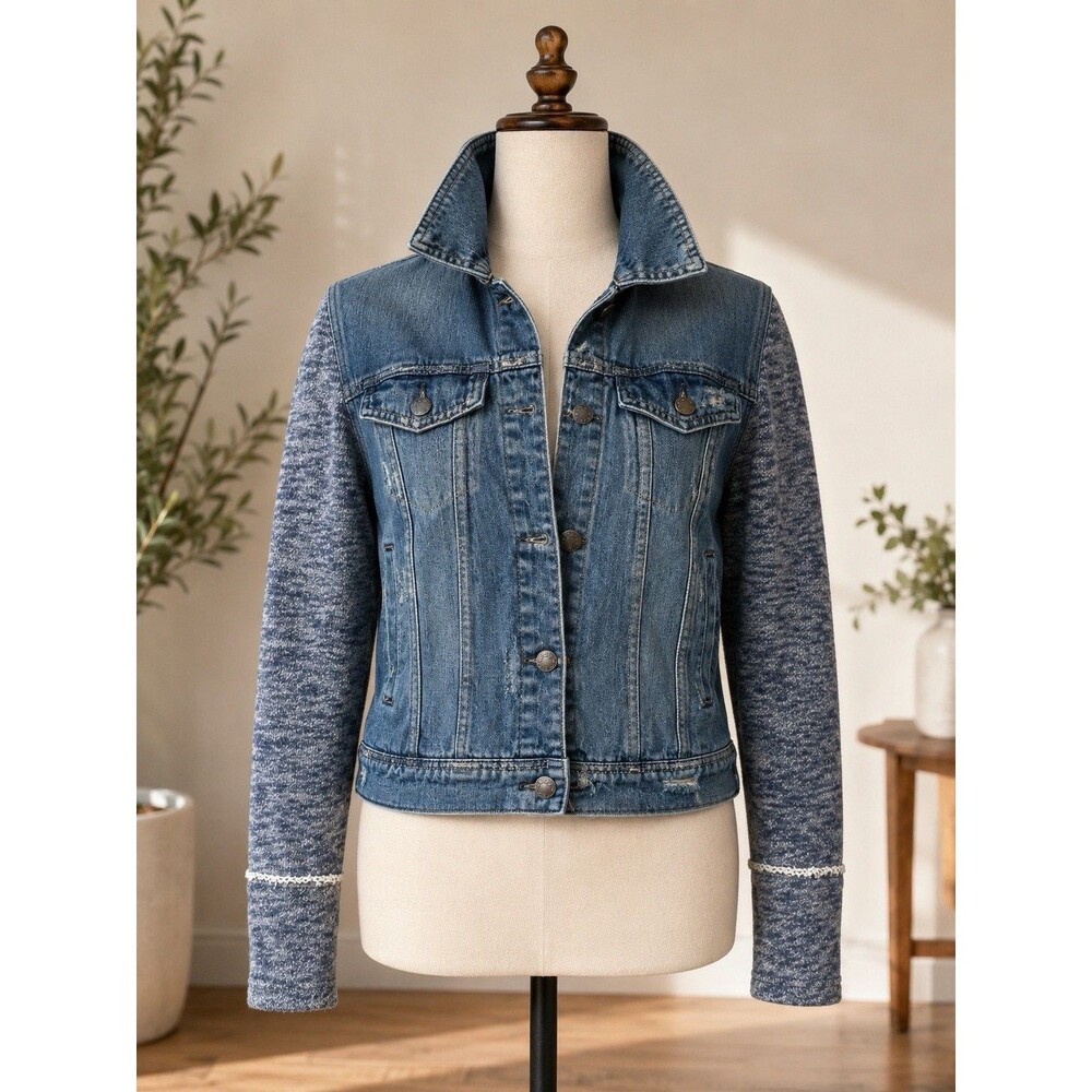 Free People Blue Distressed Button Denim Jacket Knit Sleeves Women’s Size S